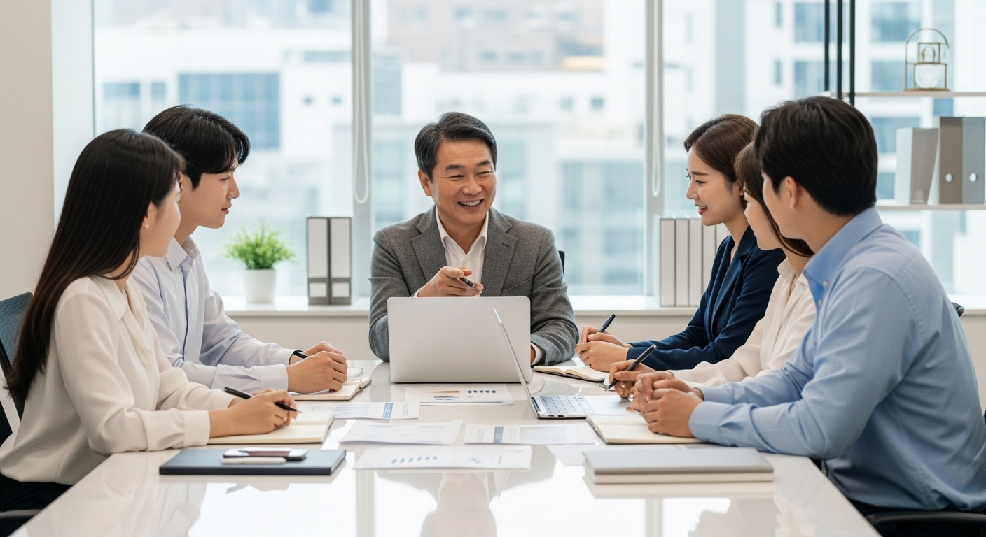 젊은 청년들이 금융 전문가와 함께 재정 상담을 받는 모습
