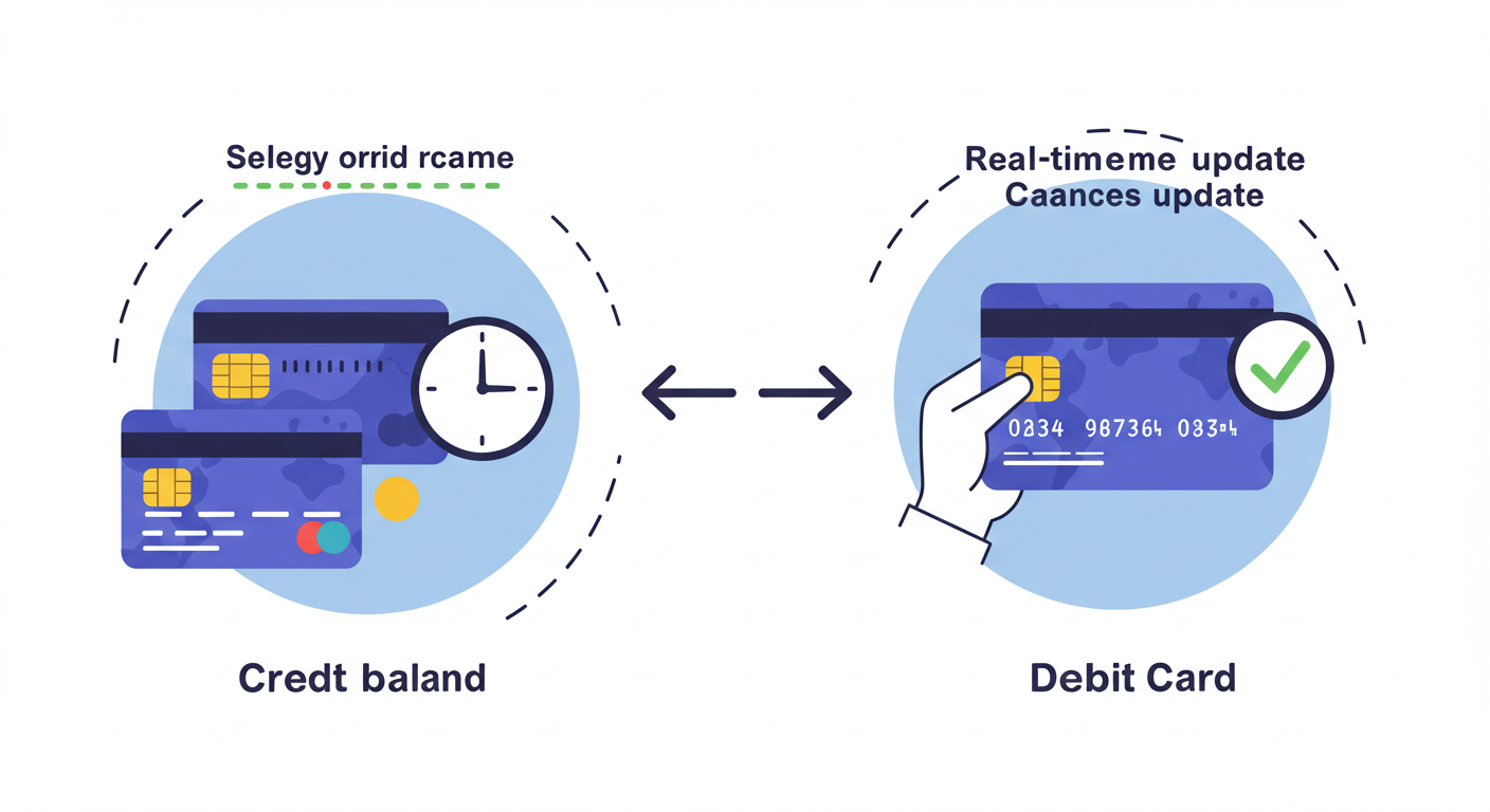 신용카드와 체크카드의 잔액 반영 차이를 보여주는 분할 일러스트