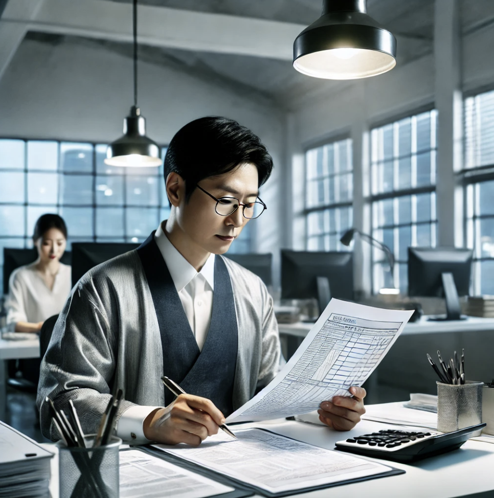 세금 문서를 다루며 일하고 있는 전문 세무사의 모습
