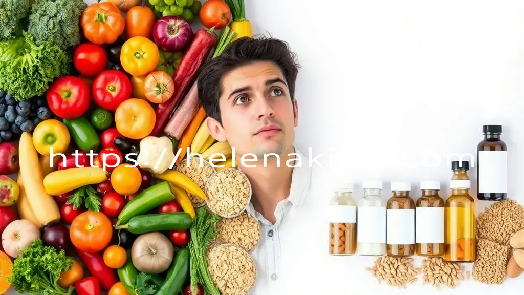 신선하고 다채로운 자연식품(채소, 과일, 통곡물)이 한쪽에 풍성하게 놓여 있고, 다른 한쪽에는 소량의 정제된 영양제 병들이 균형 있게 배치되어 있다. 자연식품과 영양제를 비교하며 신중하게 선택하는 남성의 모습.