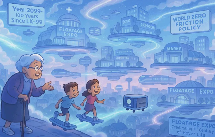 LK-99로 시작된 자기부상 문명이 100년 후 도시 전체를 떠오르게 한 모습을 묘사한 이미지. 아이들은 부양 스케이트보드로 이동하고&amp;#44; 공중 병원&middot;학교&middot;시장 등이 떠 있는 유토피아 미래 도시 풍경이 펼쳐짐. (hover civilization&amp;#44; LK-99 future) 