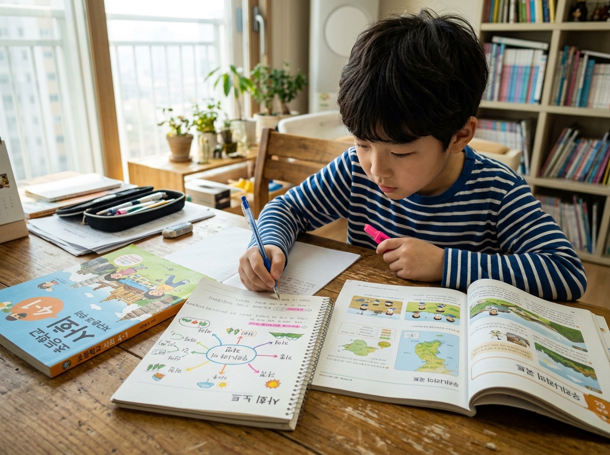 초등학생이 사회 교과서를 참고하여 중요 내용을 직접 필기하고 정리하는 모습