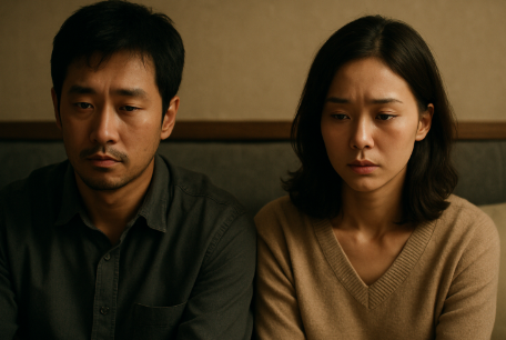어두운 표정으로 나란히 앉아있는 부부