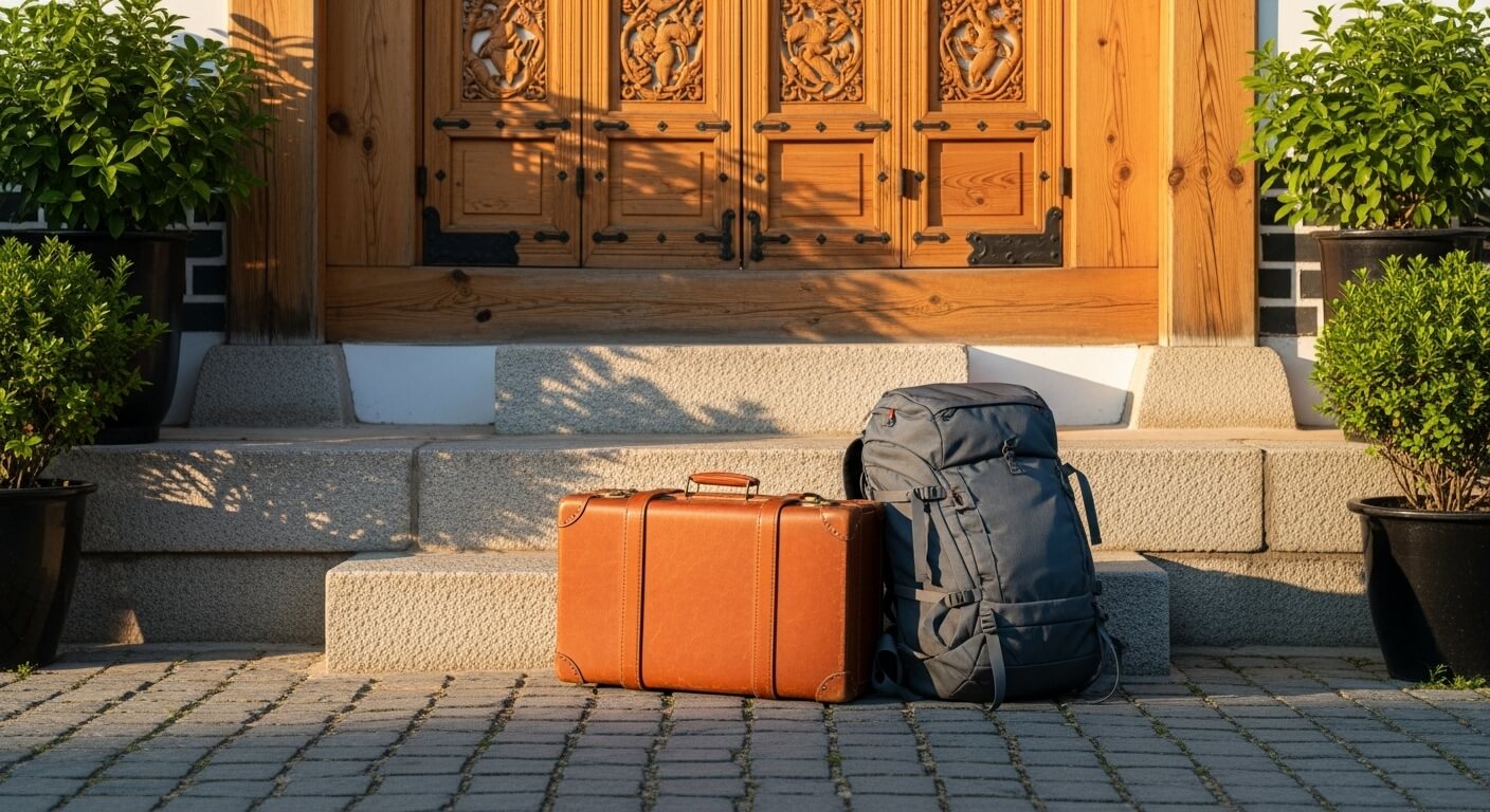 한옥 숙소 입구 앞에 놓인 전통 여행가방과 배낭