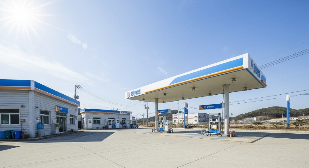 밝은 하늘 아래 작은 주유소 전경