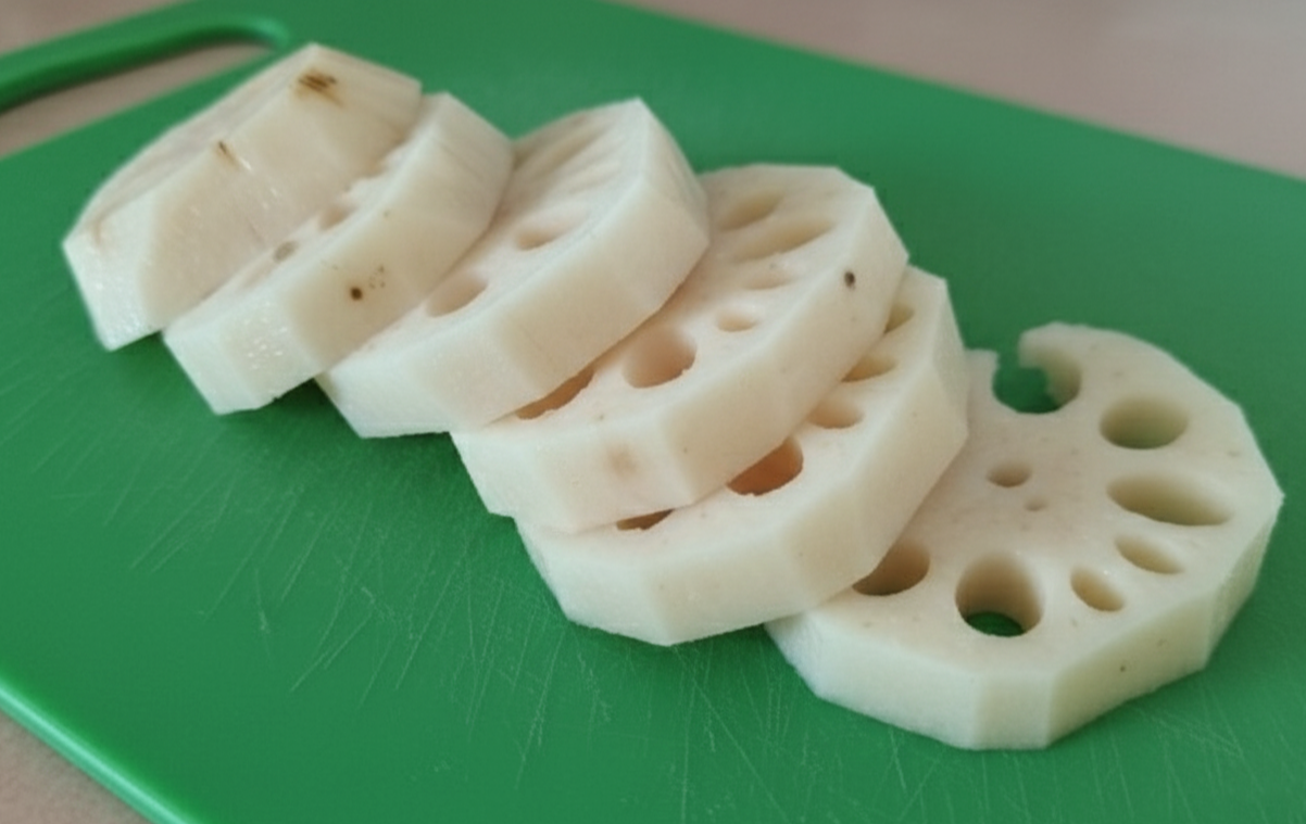 초록색 도마 위에 올려진 손질된 연근.