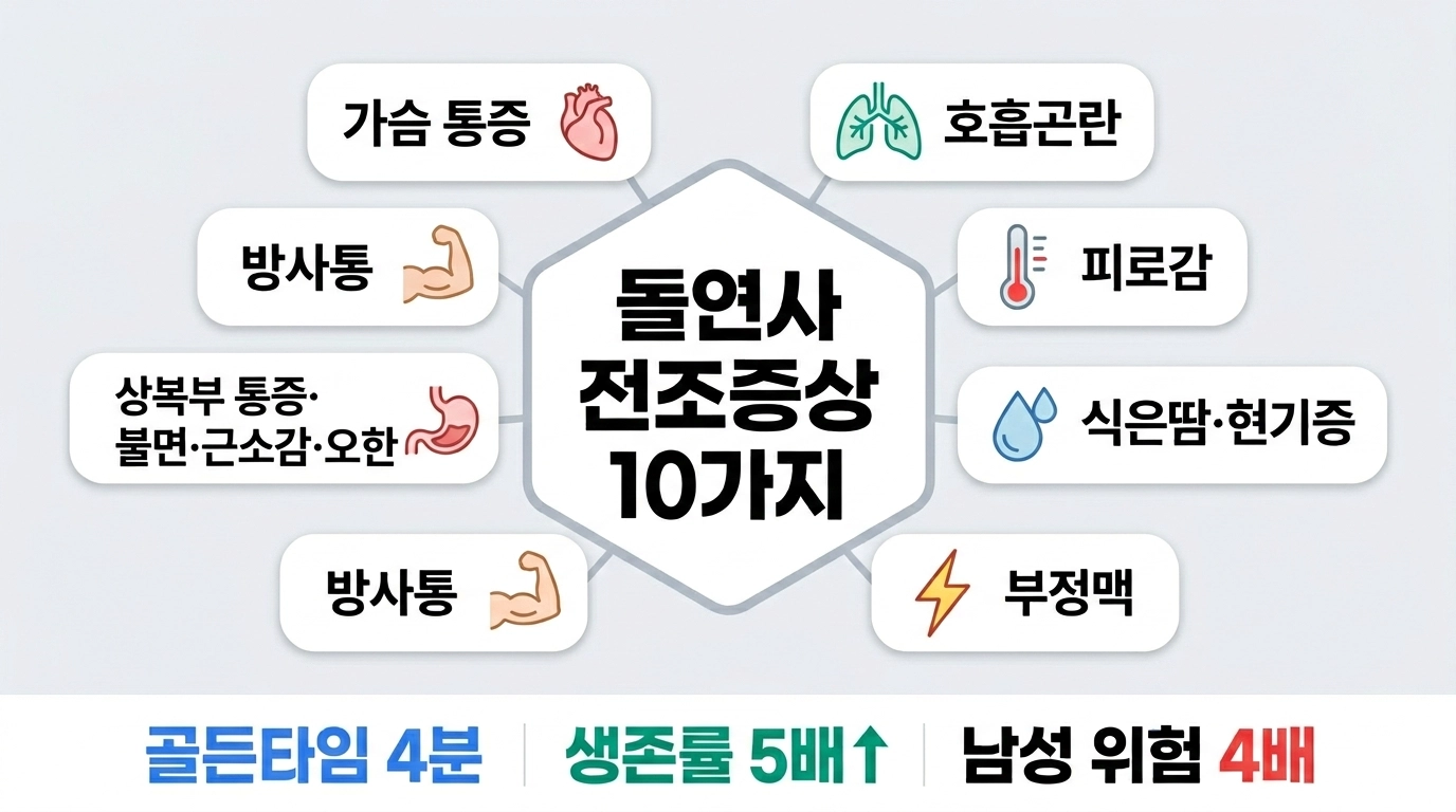 돌연사 전조증상 10가지를 정리한 허브형 인포그래픽 가슴통증 호흡곤란 식은땀 현기증 피로감 부정맥 등