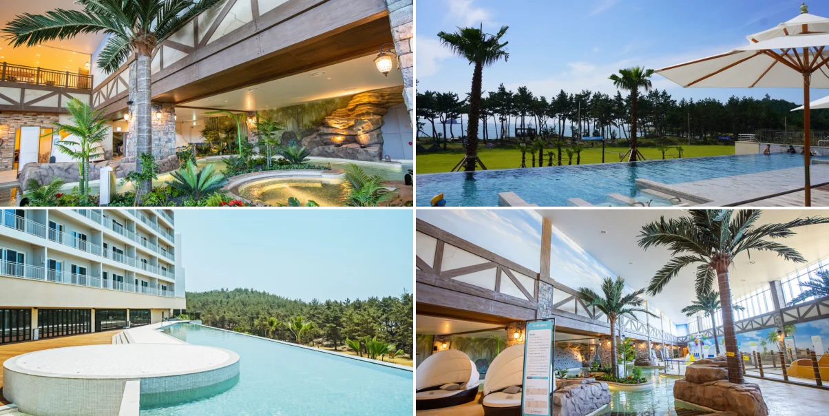 라풀 어드벤처 워터파크 실내 풀장 전경과 야외 인피니티 풀장 모습