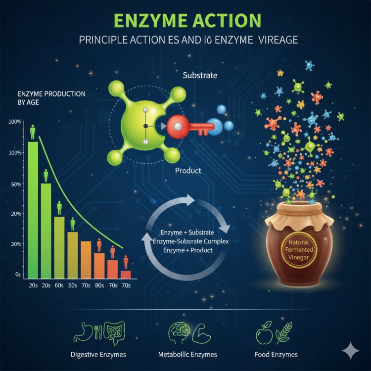 효소의 작용 원리와 연령별 감소를 보여주는 과학 인포그래픽. 중앙에 자물쇠-열쇠 모양으로 효소와 기질의 결합을 표현. 왼쪽에는 20대부터 70대까지 효소 생산량이 급격히 하강하는 그래프(100%&rarr;20%). 오른쪽에는 천연식초병에서 다양한 효소 분자들이 나오는 모습. 하단에는 소화효소, 대사효소, 식품효소를 아이콘으로 구분. 생명력 넘치는 그린-옐로우와 경각심 주는 오렌지-레드 그라데이션