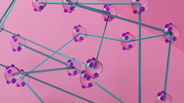 수많은 투명 구슬들이 있고 구슬 주변에 작은 구슬이 붙어있다 구슬과 구슬 을 투명관들로 연결되어 있는 이미지