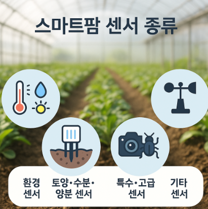 스마트팜에서 사용하는 환경 센서, 토양·수분·양분 센서, 특수·고급 센서, 기타 센서를 아이콘으로 표시한 이미지