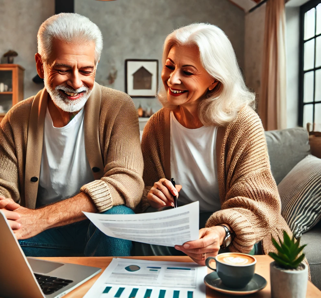 노부부가 즐거운 모습으로 은퇴설계를 하는 모습