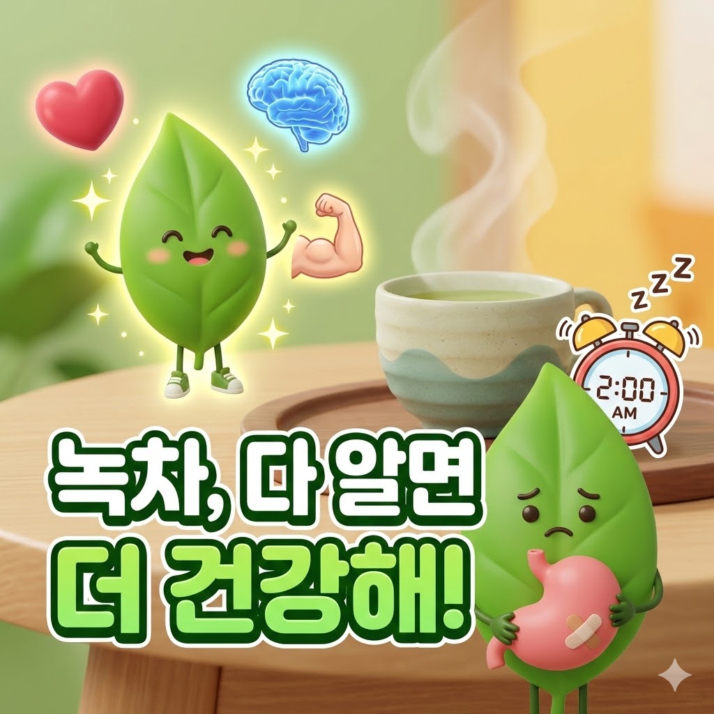 활짝 웃는 녹차 캐릭터와 찡그린 녹차 캐릭터가 대비되며, 건강 효능을 상징하는 밝은 이미지와 부작용을 암시하는 귀여운 위장 및 시계 이미지가 함께 있는 3D 카툰 일러스트. '녹차, 다 알면 더 건강해!' 문구가 중앙에 배치되어 녹차의 양면성을 보여줍니다.