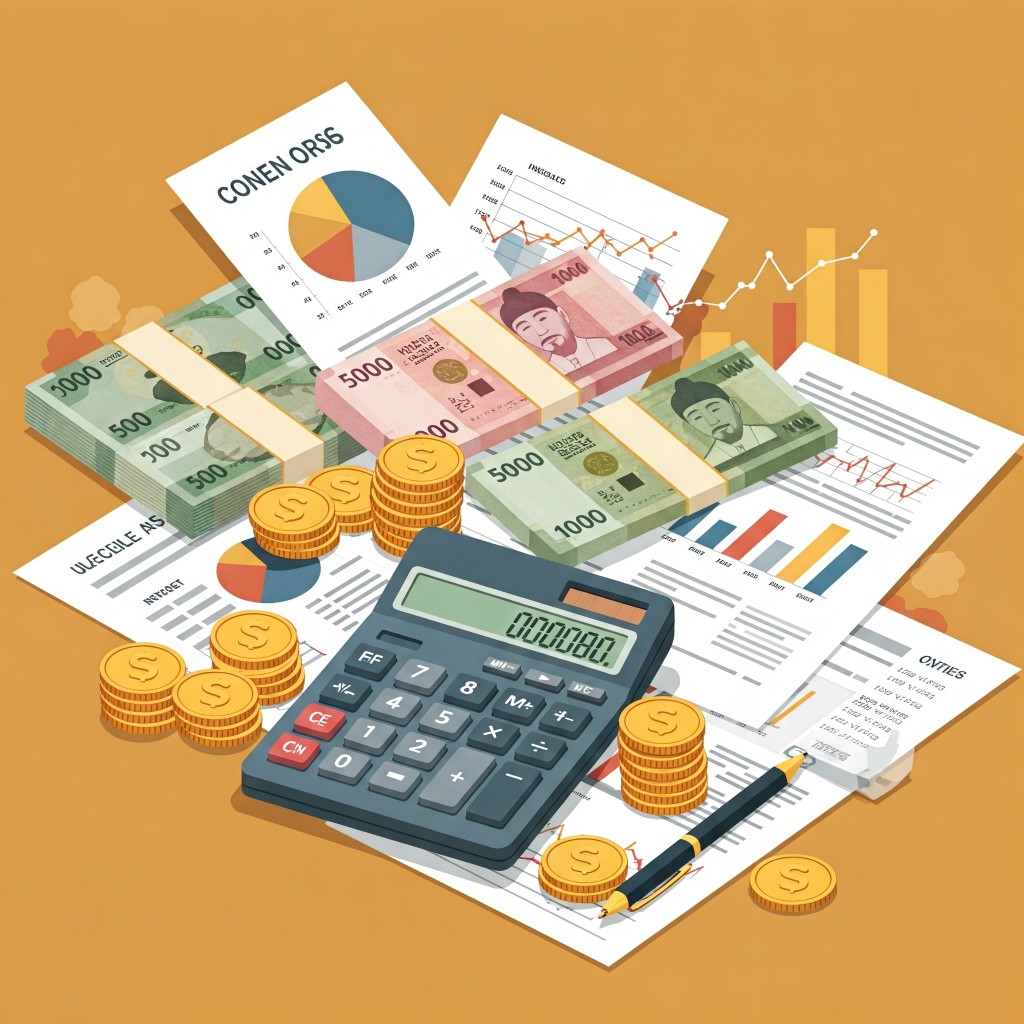 한국 지폐(원화), 다양한 그래프, 계산기, 그리고 서류가 함께 놓여 있는 일러스트레이션