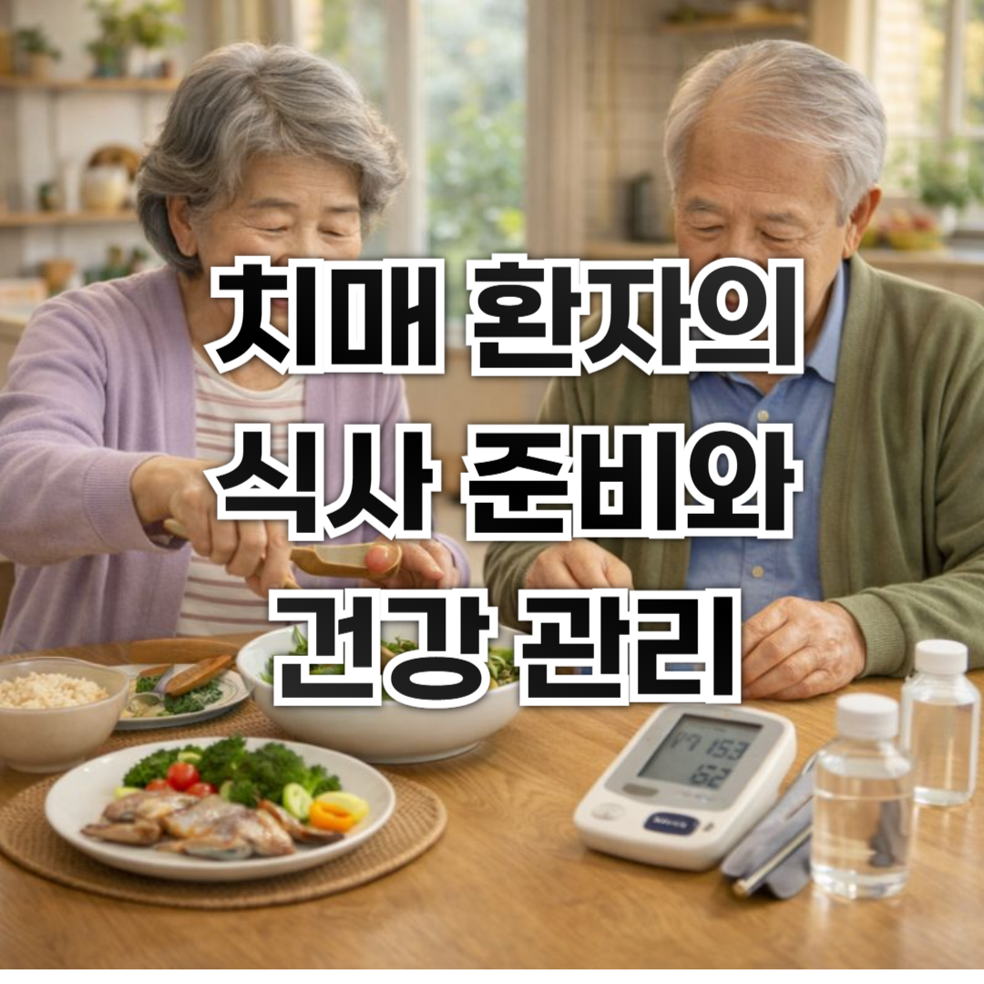 치매 환자를 위해 균형 잡힌 식사를 준비하고 건강 관리를 함께 하는 노부부의 모습
