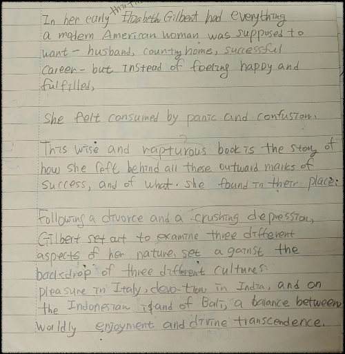 ELIZABETH-GILBERT-[EAT,-PRAY,-LOVE]-필사한-부분-:-책 뒷-표지-중간/-손글씨-필사하기