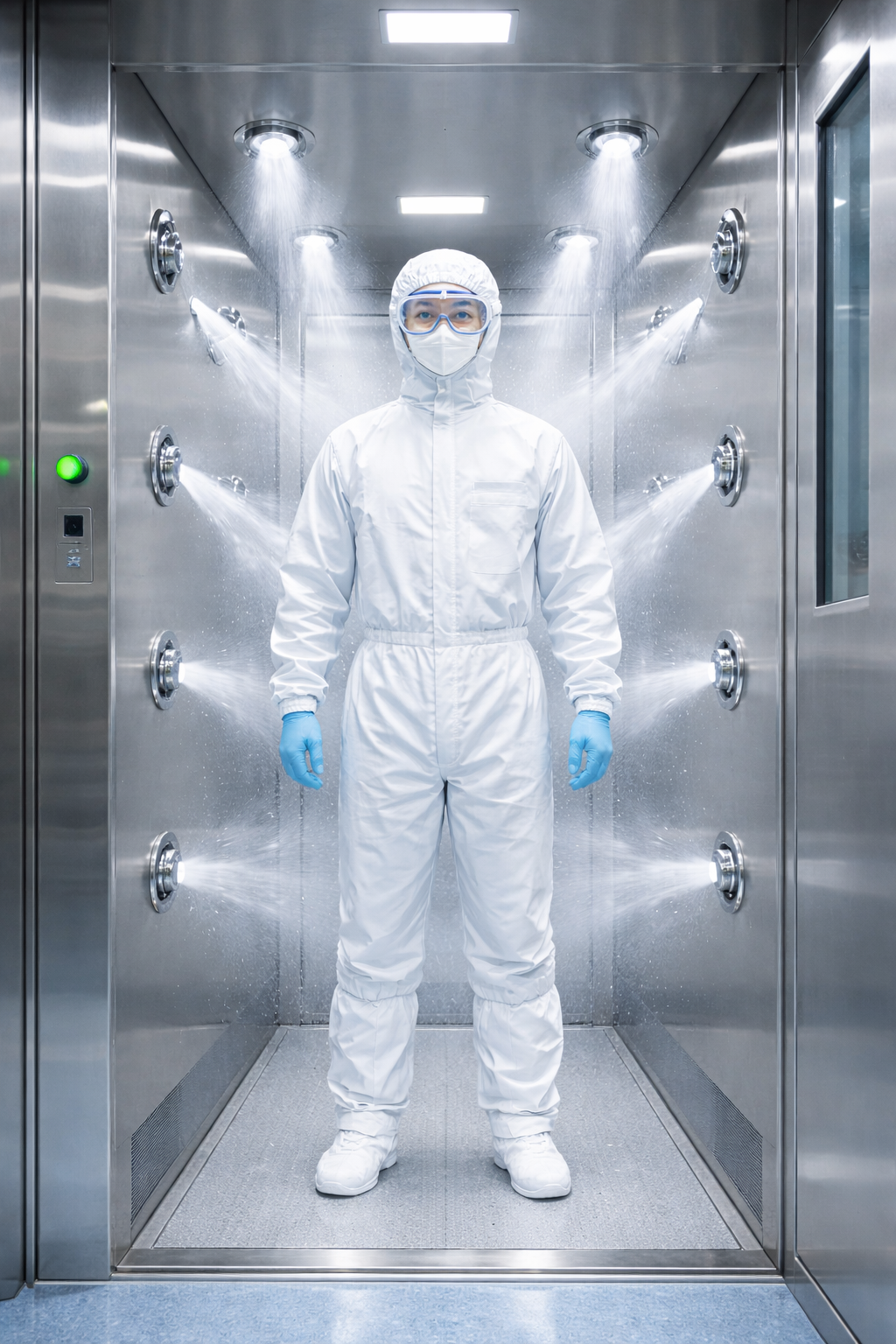 클린룸 오염제어를 위한 에어샤워(Air Shower)는 클린룸 출입 시 작업자 또는 반입 물품 표면에 부착된 미세 입자를 고속의 여과 공기로 제거하는 오염제어 설비이다.