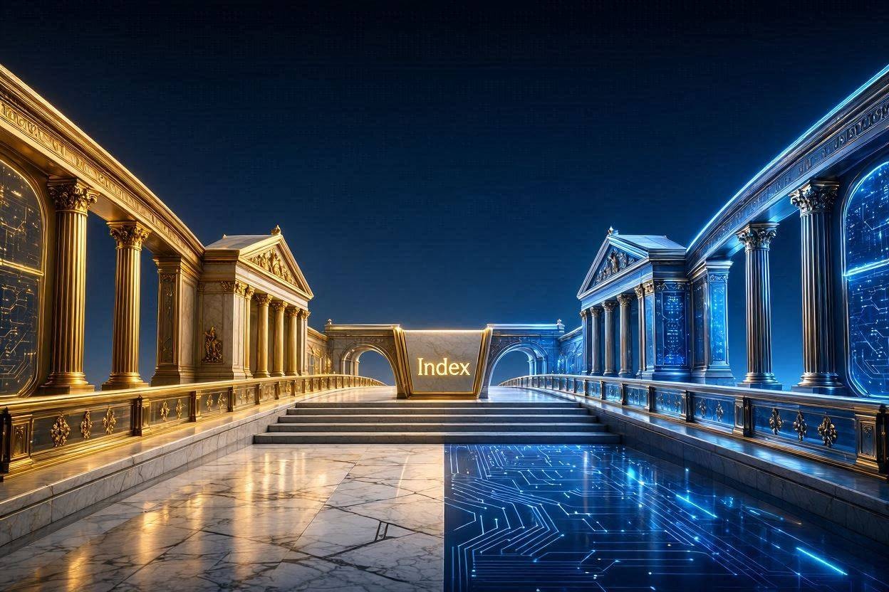 A conceptual illustration of a bridge connecting traditional gold-colored financial architecture with futuristic neon-lit crypto circuits, symbolizing the convergence of traditional and digital asset markets