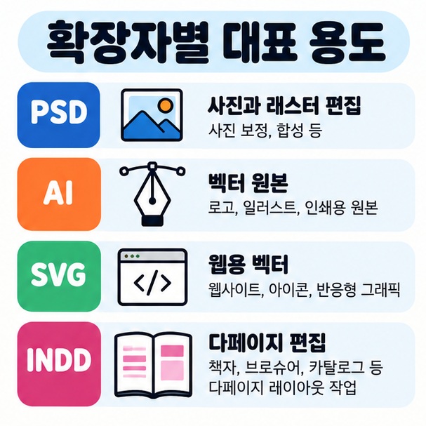 PSD는 사진 편집, AI는 벡터 디자인, SVG는 웹 벡터, INDD는 다페이지 편집에 쓰인다는 점을 정리한 카드