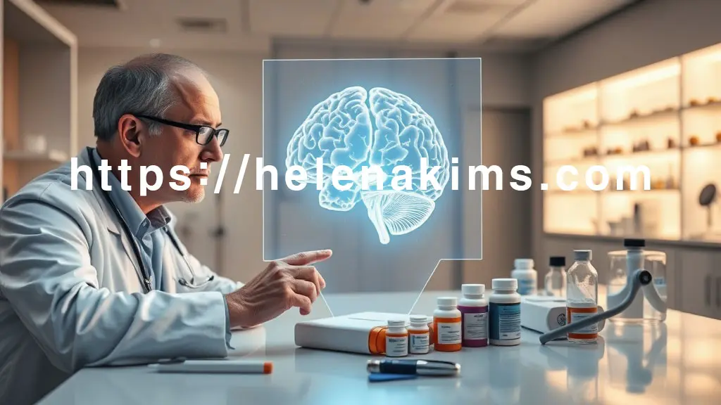 현대적인 의료 연구실 배경에, 신경학자가 빛나는 뇌의 3D 홀로그램을 주의 깊게 관찰하고 있다.