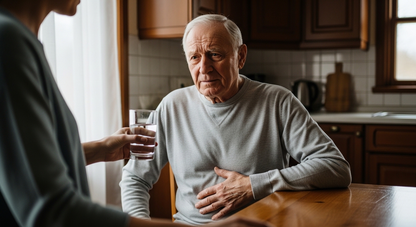 복통으로 불편해 하고 있는 아버지의 모습