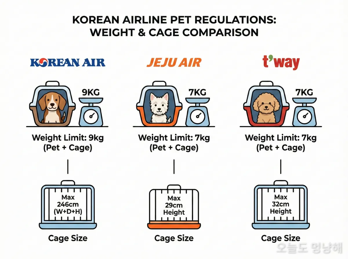 대한항공, 제주항공 등 국내 항공사별 반려동물 탑승 무게 및 케이지 규정 비교 인포그래픽