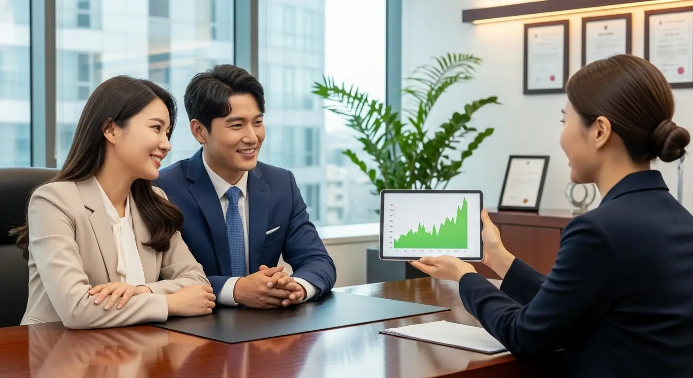 전문가와 함께 기존 주택 처분 및 대출 자금 계획을 확정하고 안심하는 한국인 부부