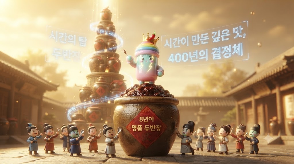 배경으로는 400년 전통을 상징하는 시간의 탑이 우뚝 솟아 있고, 그 주변을 수많은 항아리가 둘러싸고 있습니다. 쫀쿠는 잘 숙성되어 깊은 자주빛을 띠는 8년산 두반장 한 숟갈을 떠서 행복한 표정으로 맛보고 있습니다. 하늘에는 '시간이 소스다, 400년의 기다림'이라는 입체적인 홀로그램 글씨가 떠 있습니다.