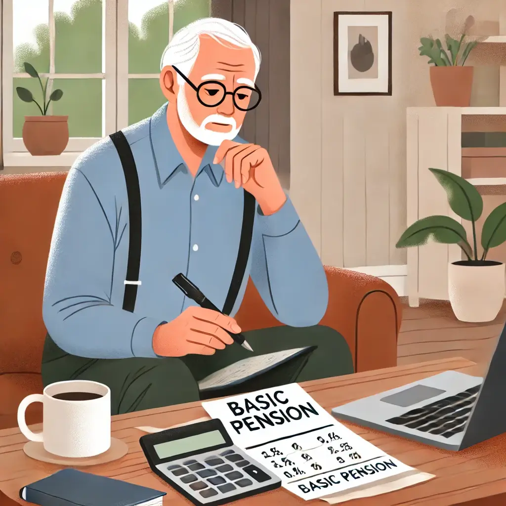 기초연금 금액을 계산하는 노인의 집중된 모습.