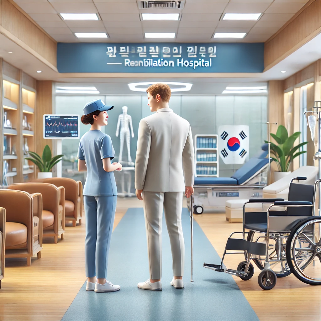 원주의 재활병원에서 환자가 병원 시설을 둘러보며 직원에게 재활 프로그램에 대한 설명을 듣는 모습