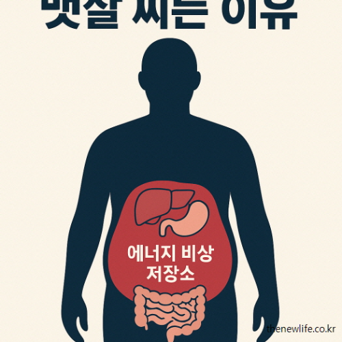 인체의 복부 부위를 에너지 비상 저장소로 표현한 일러스트 이미지. 뱃살이 찌는 생리적 이유를 시각적으로 설명함.