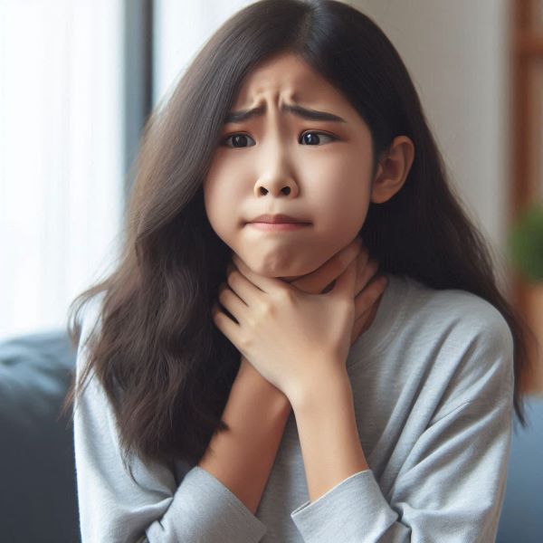 여자아이가 기도가 막혀 손으로 자기 목을 감싸쥐고 있다.