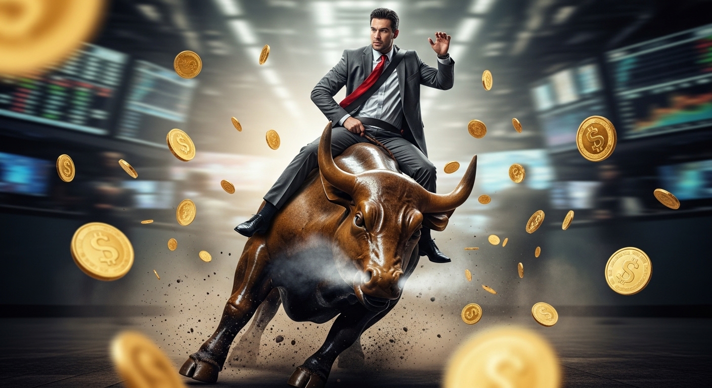 An investor riding a charging bull, wearing a seatbelt. Gold coins are scattering around.