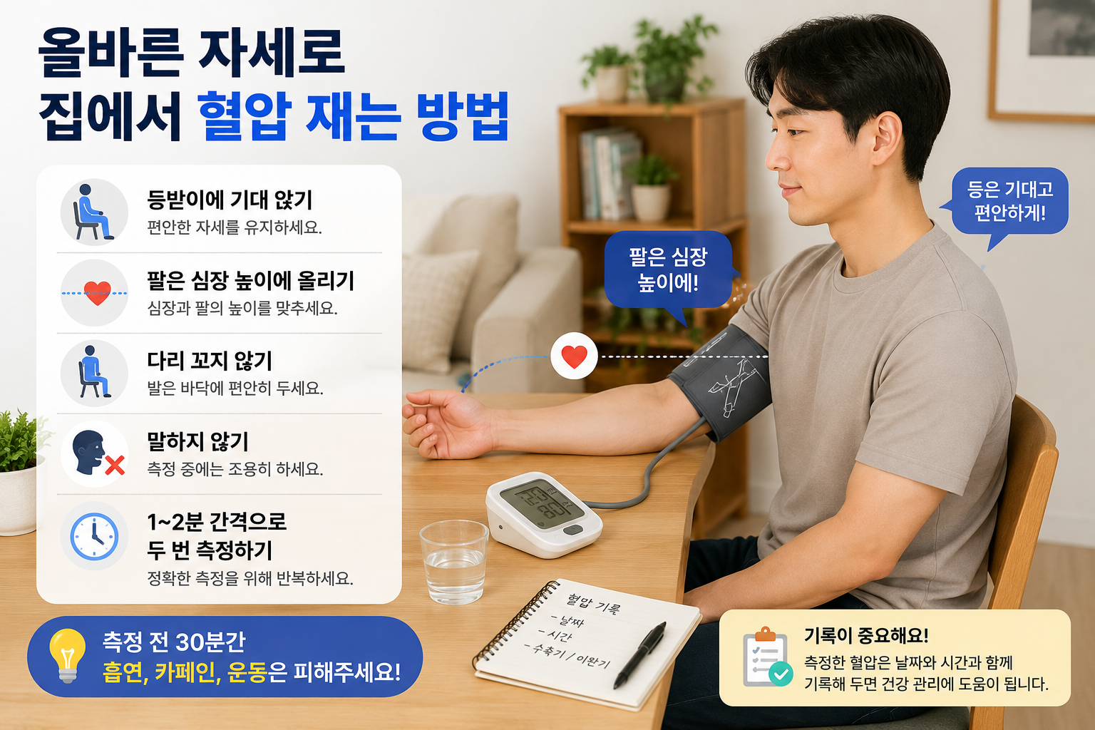 집에서 올바른 자세로 혈압 측정하는 방법