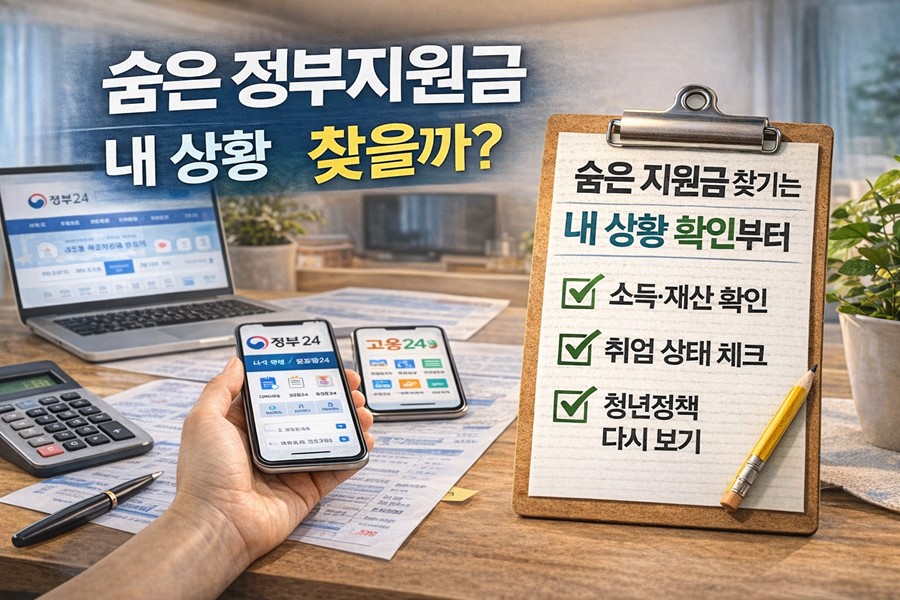 소득과 재산, 취업 상태, 청년정책 조건을 다시 확인해 놓치기 쉬운 정부지원금을 찾는 방법을 보여주는 체크리스트 이미지