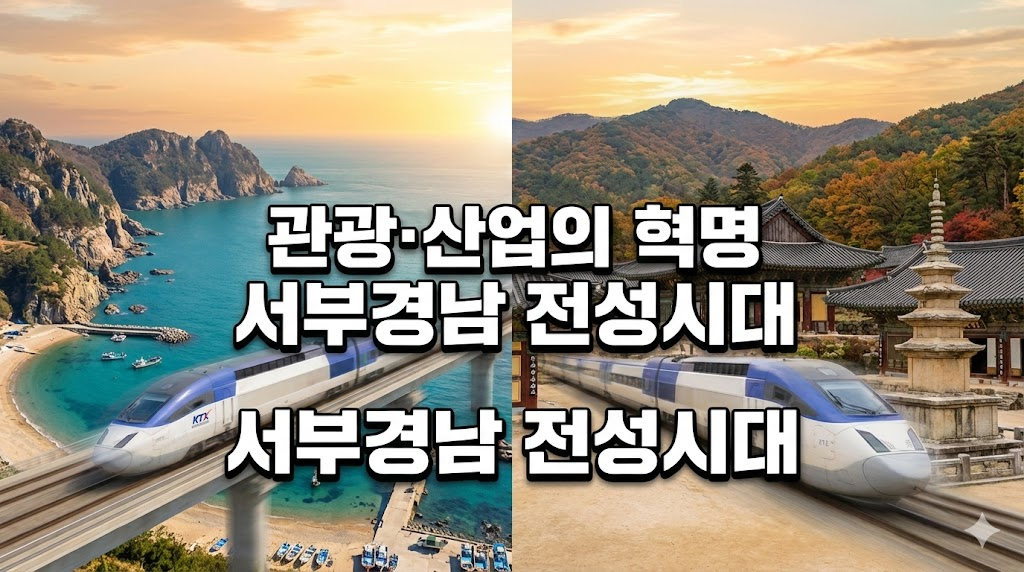 거제도 바다와 합천의 풍경 위를 달리는 KTX 열차 이미지