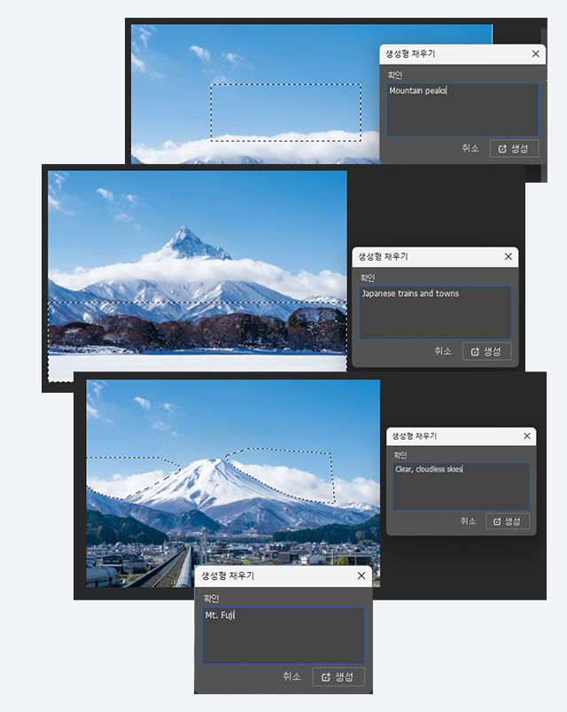 후지산을 만들고 구름을 지우고 생성형채우기로 후작업 진행중