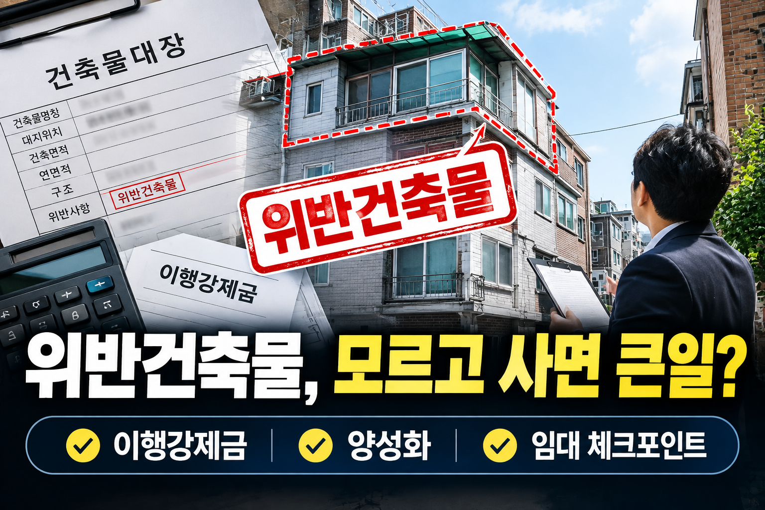 위반건축물을 모르고 사면 큰일난다는 주의를 주는 이미지