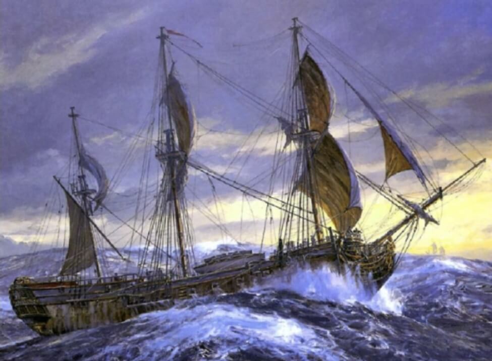 배가 거친 파도에 휘청거리고 있다