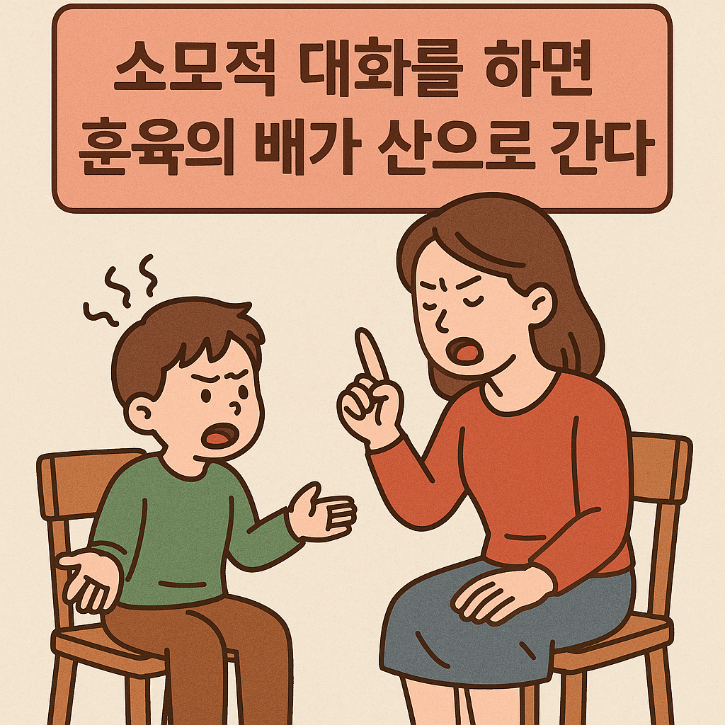 소모적인 대화를 하면 훈육의 배가 산으로 간다라고 써진 글과 함께 부모님이 아이를 훈육하고 있는 사진