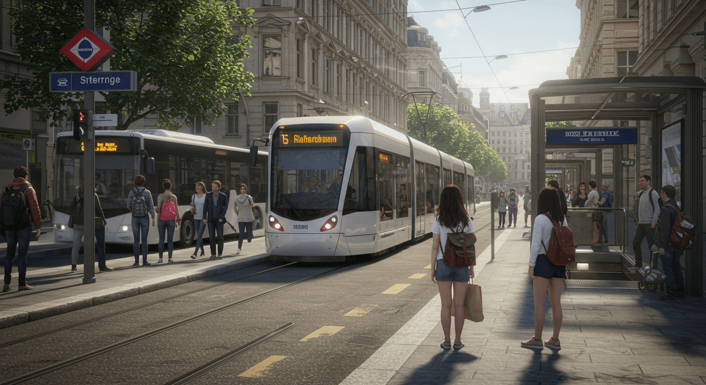 유럽의 거리에서 트램을 타기 위해 기다리는 모습