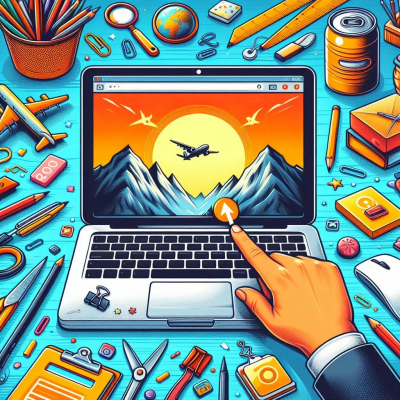 노트북 화면에 나타난 여행 관련 콘텐츠와 손가락 터치.