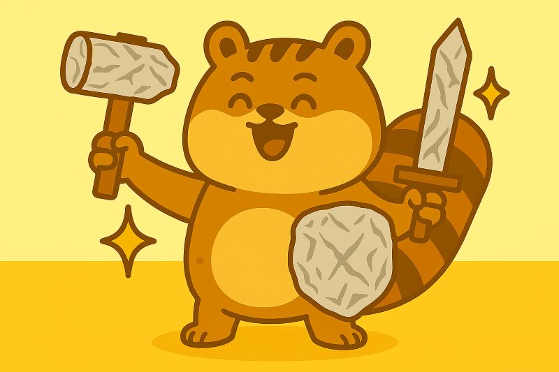 "귀여운 다람쥐 캐릭터가 알루미늄 호일을 망치, 칼, 방패처럼 들고 만능 해결사처럼 서 있는 모습."