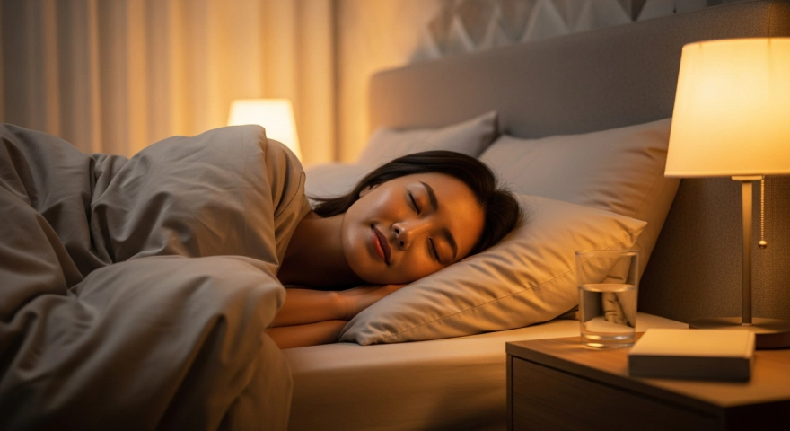 침대에 누워 조용히 눈을 감은 여성