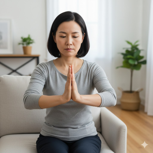 중년 여성이 양쪽 손등을 서로 맞대어 손목을 90도로 꺾고 가슴 높이에서 유지하는 팔렌 검사 자가진단 모습.