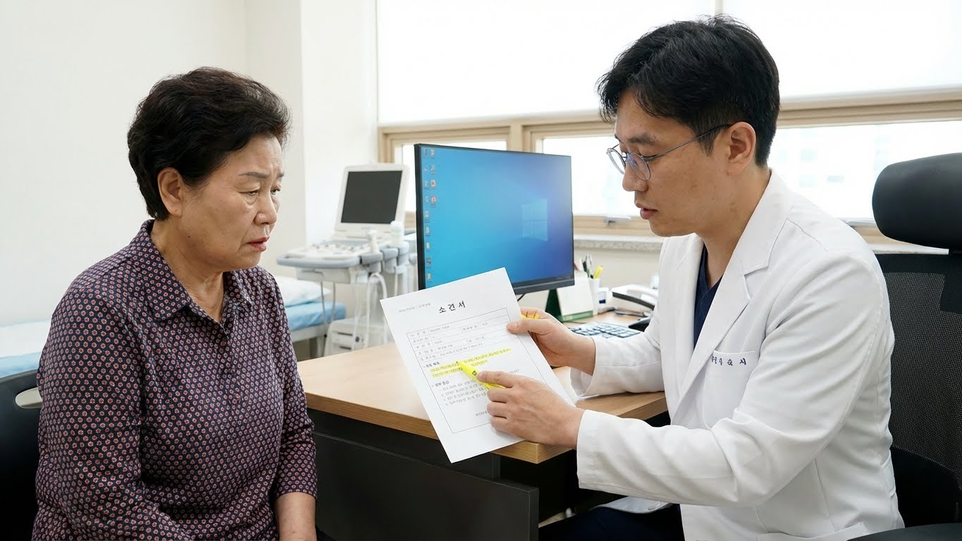 환자가 진료실에서 의사에게 진단서(소견서)를 요청하는 모습