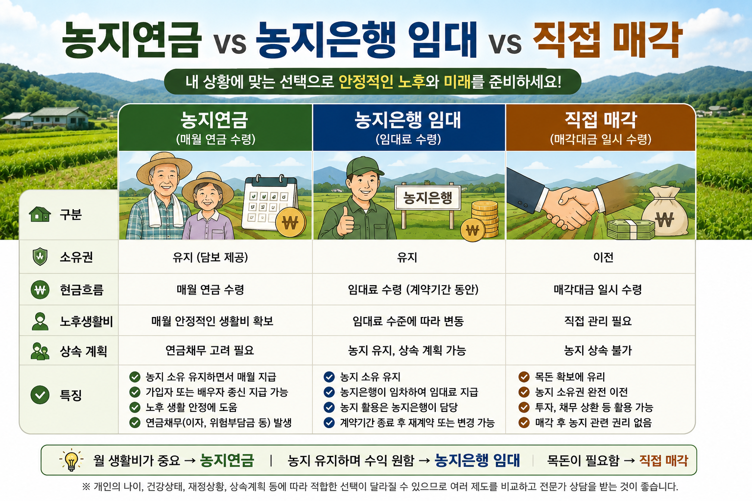 농지연금 농지은행 임대 직접 매매 3대 활용 방식 장단점 비교 인포그래픽