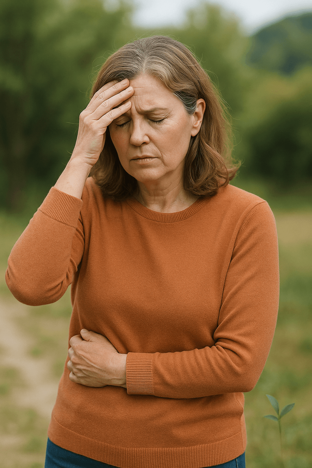 야외에서 갈색 스웨터를 입은 중년 여성이 이마에 손을 대고 눈을 감은 채 피곤한 표정을 짓고 있는 모습