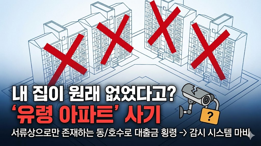 아파트 설계도면 위에 그려진 붉은색 'X' 표시로 '유령 아파트'의 실체를 충격적으로 표현했습니다. 서류상으로만 존재하는 아파트를 이용한 사기 수법과 이를 막지 못한 감시 시스템의 마비를 경고합니다.