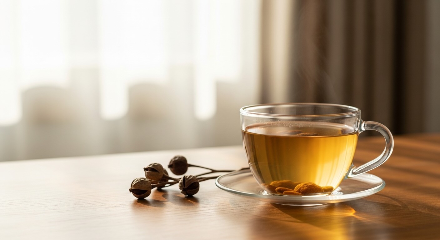 헛개나무차 효능을 소개하는 따뜻한 유리잔 차 한 잔 이미지